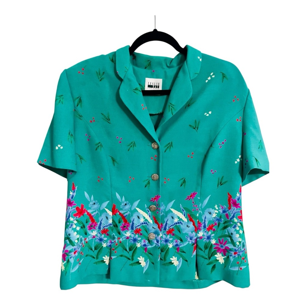 Vintage 80s Leslie Fay Cropped Blouse Sz 16 Teal Floral Silver Ornate Buttons